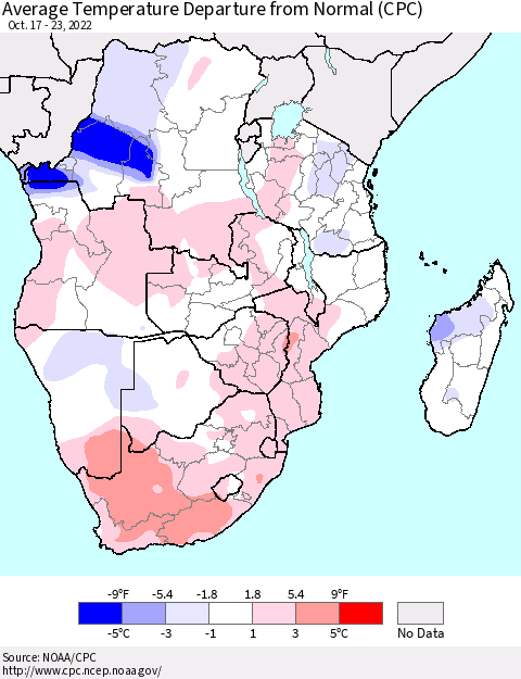 Southern Africa Average Temperature Departure from Normal (CPC) Thematic Map For 10/17/2022 - 10/23/2022