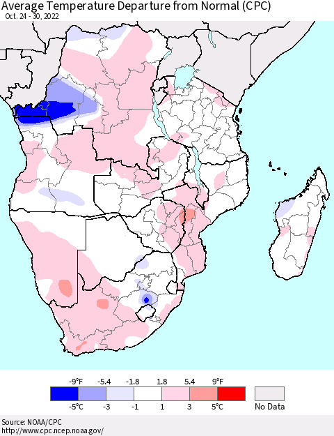 Southern Africa Average Temperature Departure from Normal (CPC) Thematic Map For 10/24/2022 - 10/30/2022