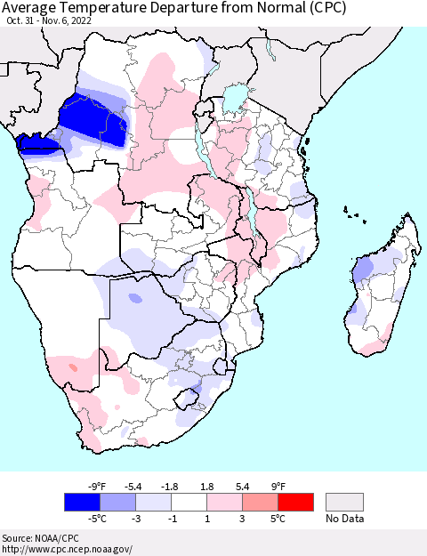 Southern Africa Average Temperature Departure from Normal (CPC) Thematic Map For 10/31/2022 - 11/6/2022
