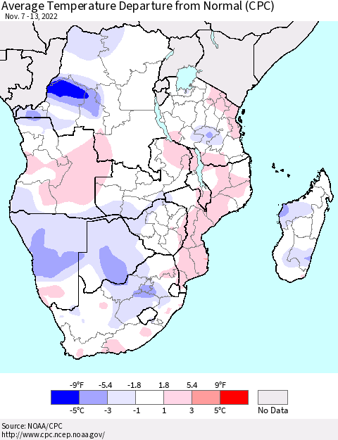 Southern Africa Average Temperature Departure from Normal (CPC) Thematic Map For 11/7/2022 - 11/13/2022