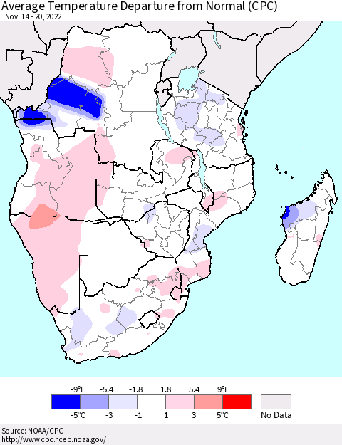 Southern Africa Average Temperature Departure from Normal (CPC) Thematic Map For 11/14/2022 - 11/20/2022