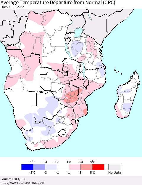 Southern Africa Average Temperature Departure from Normal (CPC) Thematic Map For 12/5/2022 - 12/11/2022