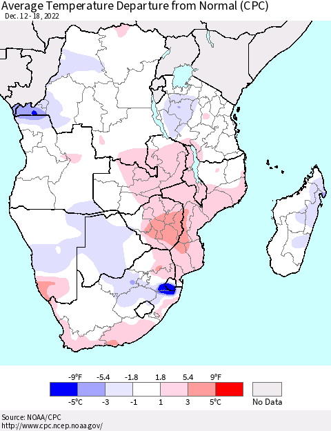 Southern Africa Average Temperature Departure from Normal (CPC) Thematic Map For 12/12/2022 - 12/18/2022