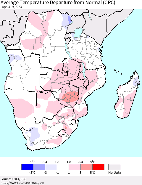 Southern Africa Average Temperature Departure from Normal (CPC) Thematic Map For 4/3/2023 - 4/9/2023