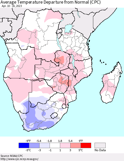 Southern Africa Average Temperature Departure from Normal (CPC) Thematic Map For 4/10/2023 - 4/16/2023