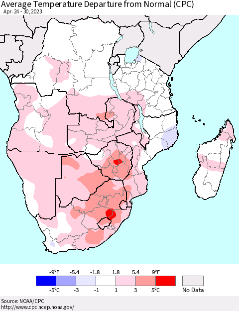 Southern Africa Average Temperature Departure from Normal (CPC) Thematic Map For 4/24/2023 - 4/30/2023