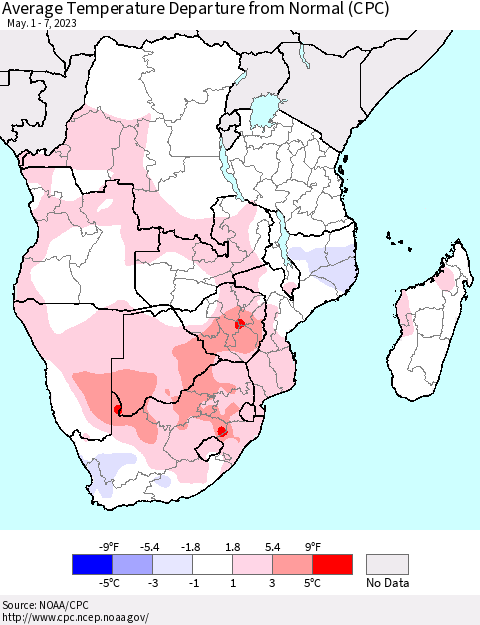 Southern Africa Average Temperature Departure from Normal (CPC) Thematic Map For 5/1/2023 - 5/7/2023