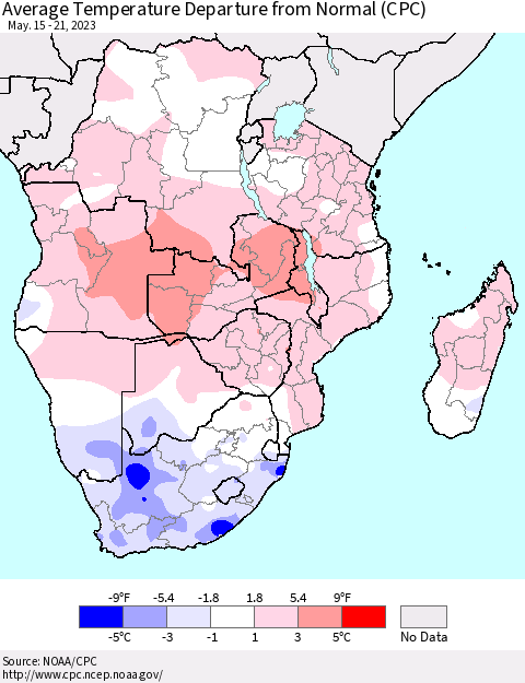 Southern Africa Average Temperature Departure from Normal (CPC) Thematic Map For 5/15/2023 - 5/21/2023