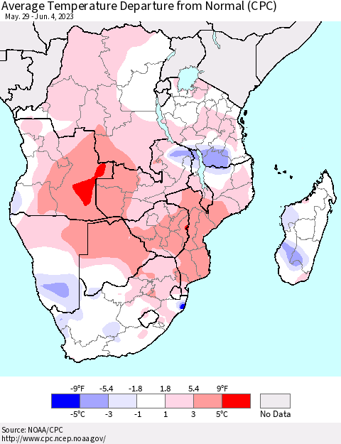 Southern Africa Average Temperature Departure from Normal (CPC) Thematic Map For 5/29/2023 - 6/4/2023