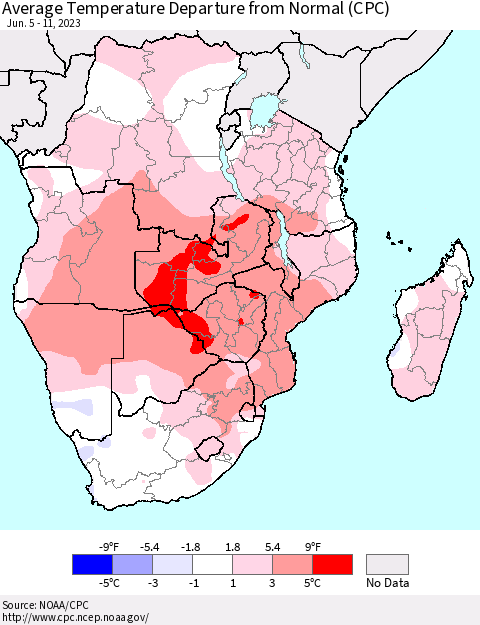 Southern Africa Average Temperature Departure from Normal (CPC) Thematic Map For 6/5/2023 - 6/11/2023