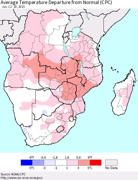 Southern Africa Average Temperature Departure from Normal (CPC) Thematic Map For 6/12/2023 - 6/18/2023