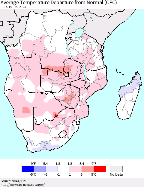 Southern Africa Average Temperature Departure from Normal (CPC) Thematic Map For 6/19/2023 - 6/25/2023
