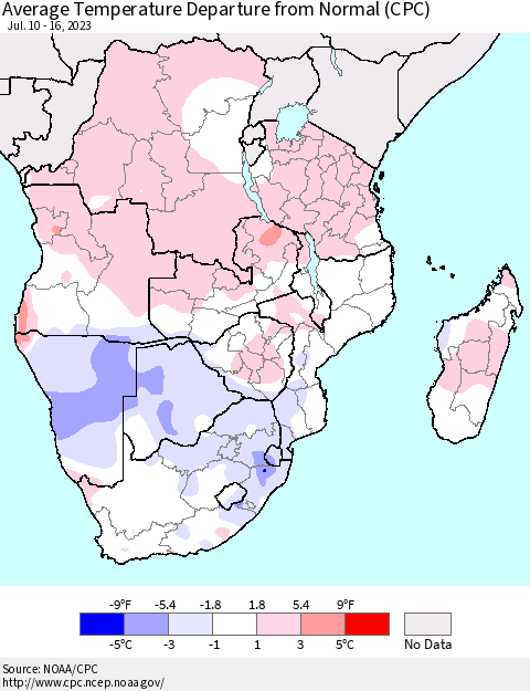 Southern Africa Average Temperature Departure from Normal (CPC) Thematic Map For 7/10/2023 - 7/16/2023