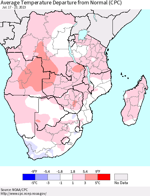 Southern Africa Average Temperature Departure from Normal (CPC) Thematic Map For 7/17/2023 - 7/23/2023