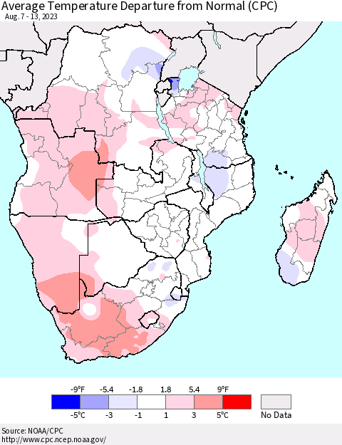 Southern Africa Average Temperature Departure from Normal (CPC) Thematic Map For 8/7/2023 - 8/13/2023