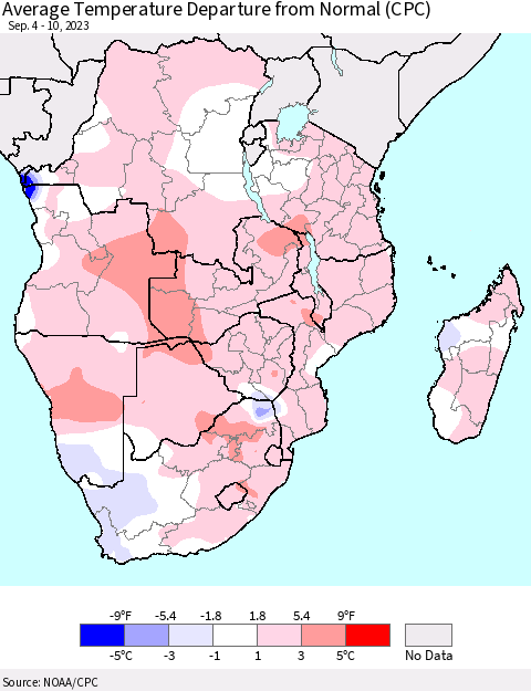 Southern Africa Average Temperature Departure from Normal (CPC) Thematic Map For 9/4/2023 - 9/10/2023