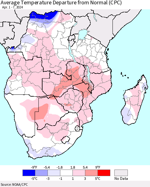 Southern Africa Average Temperature Departure from Normal (CPC) Thematic Map For 4/1/2024 - 4/7/2024