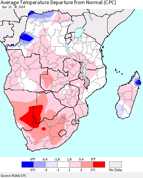 Southern Africa Average Temperature Departure from Normal (CPC) Thematic Map For 4/22/2024 - 4/28/2024