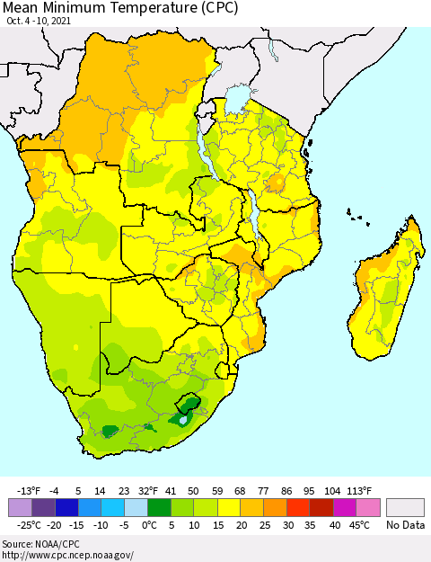 Southern Africa Mean Minimum Temperature (CPC) Thematic Map For 10/4/2021 - 10/10/2021