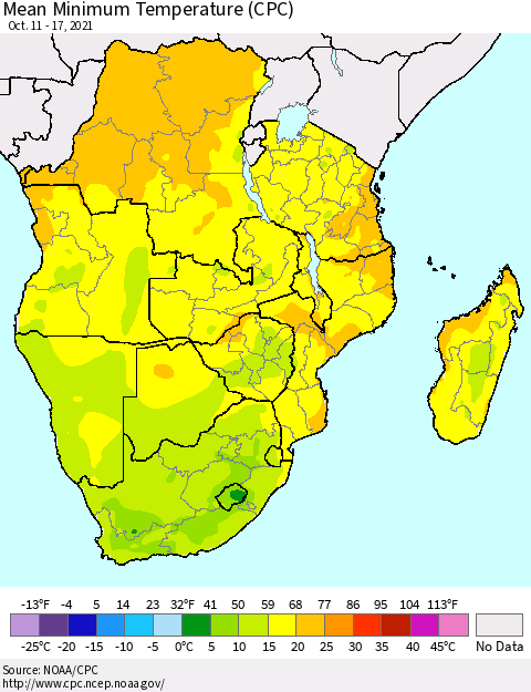 Southern Africa Mean Minimum Temperature (CPC) Thematic Map For 10/11/2021 - 10/17/2021