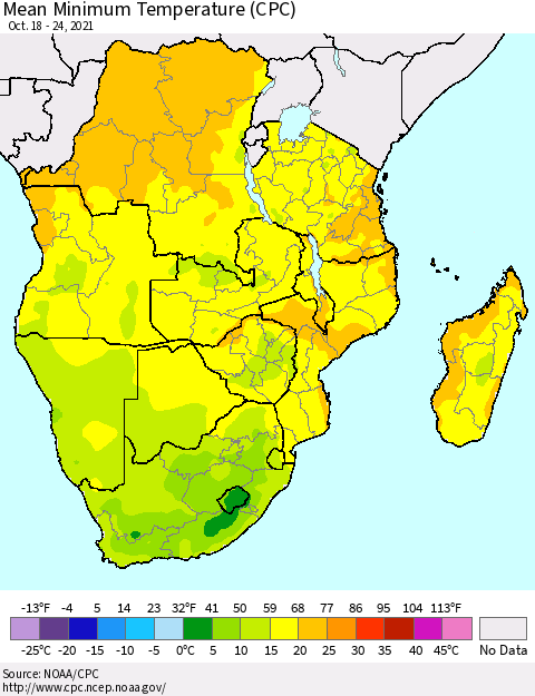 Southern Africa Mean Minimum Temperature (CPC) Thematic Map For 10/18/2021 - 10/24/2021