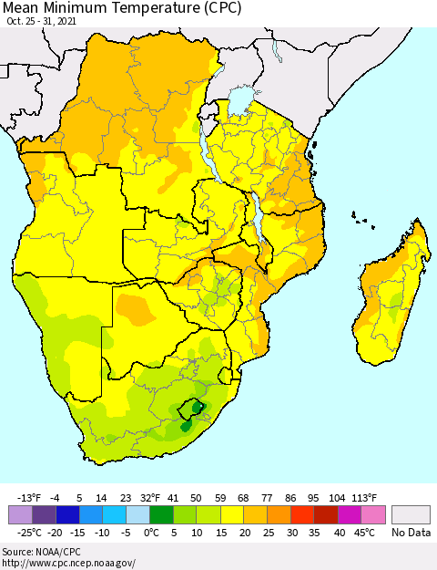 Southern Africa Mean Minimum Temperature (CPC) Thematic Map For 10/25/2021 - 10/31/2021