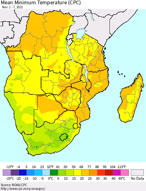 Southern Africa Mean Minimum Temperature (CPC) Thematic Map For 11/1/2021 - 11/7/2021