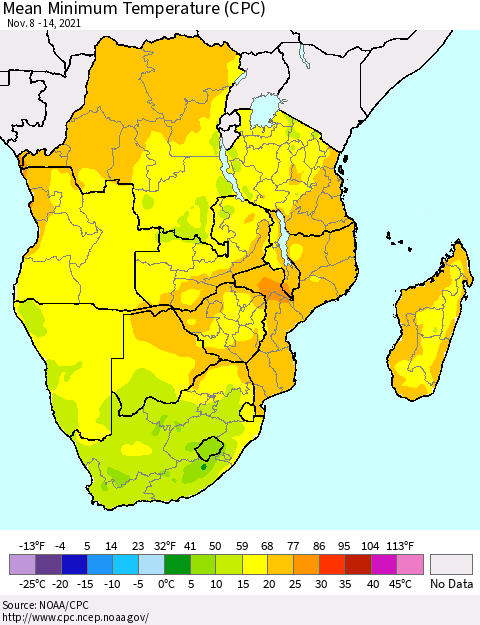 Southern Africa Mean Minimum Temperature (CPC) Thematic Map For 11/8/2021 - 11/14/2021