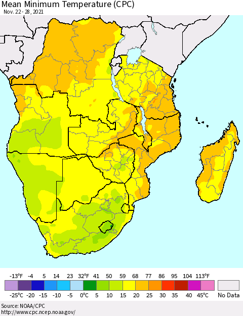 Southern Africa Mean Minimum Temperature (CPC) Thematic Map For 11/22/2021 - 11/28/2021