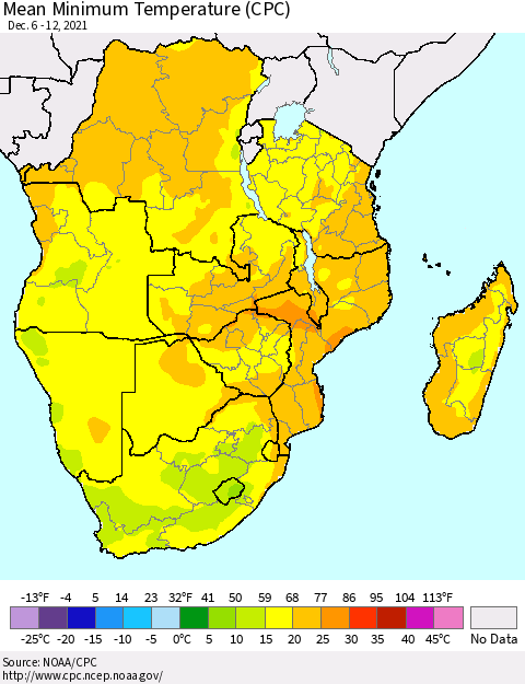 Southern Africa Mean Minimum Temperature (CPC) Thematic Map For 12/6/2021 - 12/12/2021