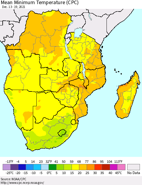 Southern Africa Mean Minimum Temperature (CPC) Thematic Map For 12/13/2021 - 12/19/2021