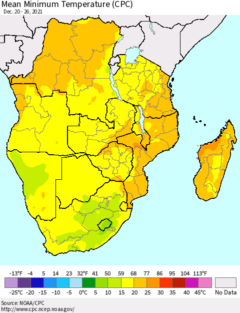 Southern Africa Mean Minimum Temperature (CPC) Thematic Map For 12/20/2021 - 12/26/2021