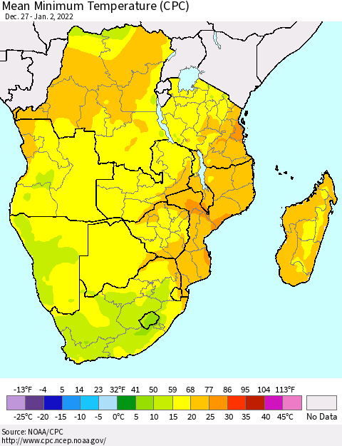 Southern Africa Mean Minimum Temperature (CPC) Thematic Map For 12/27/2021 - 1/2/2022