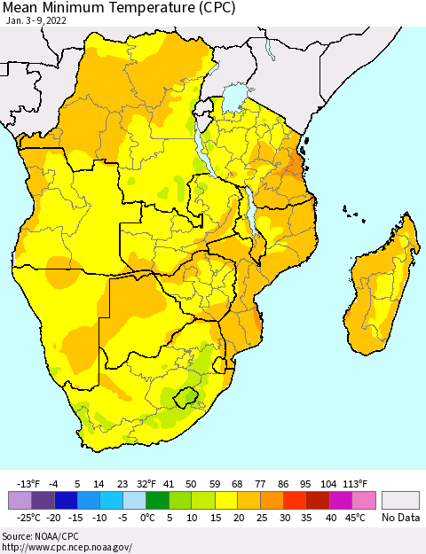 Southern Africa Mean Minimum Temperature (CPC) Thematic Map For 1/3/2022 - 1/9/2022