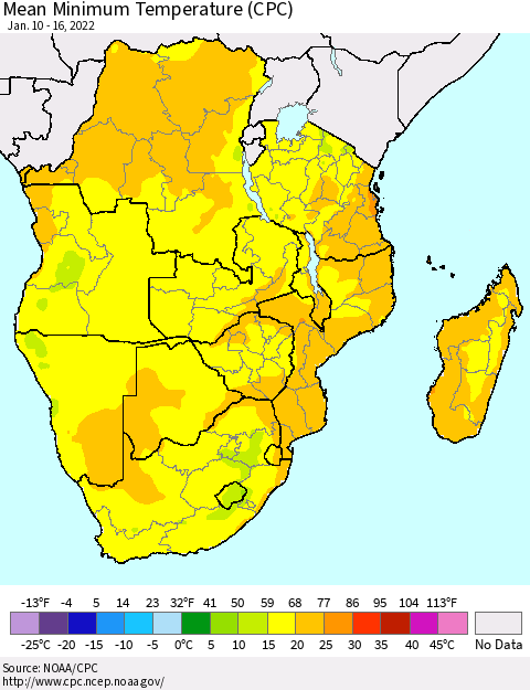Southern Africa Mean Minimum Temperature (CPC) Thematic Map For 1/10/2022 - 1/16/2022