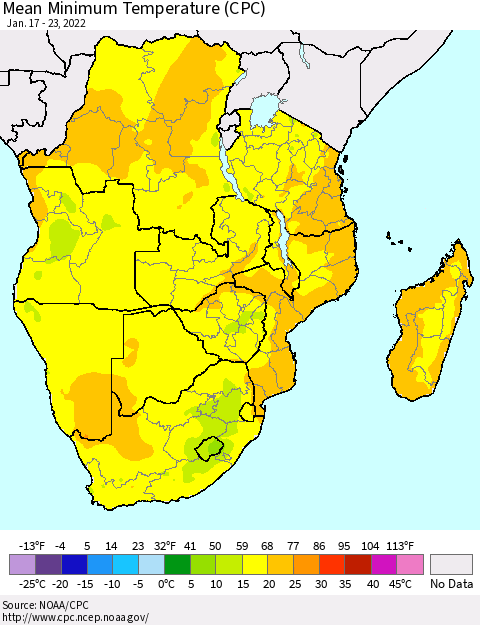 Southern Africa Mean Minimum Temperature (CPC) Thematic Map For 1/17/2022 - 1/23/2022