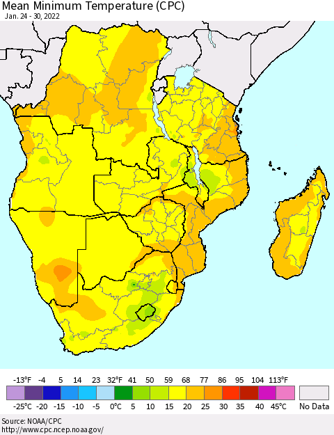 Southern Africa Mean Minimum Temperature (CPC) Thematic Map For 1/24/2022 - 1/30/2022