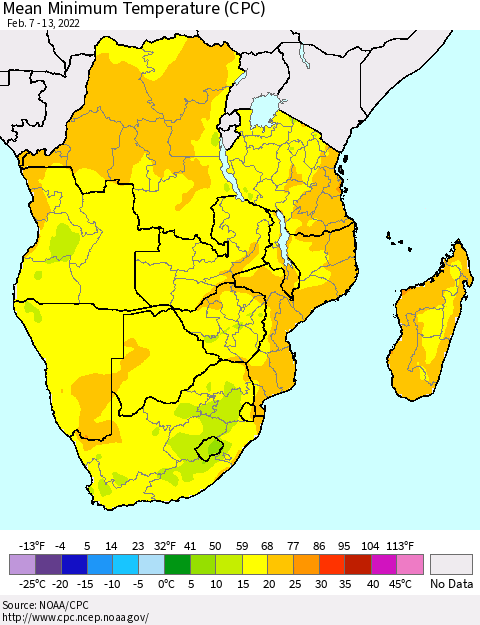 Southern Africa Mean Minimum Temperature (CPC) Thematic Map For 2/7/2022 - 2/13/2022