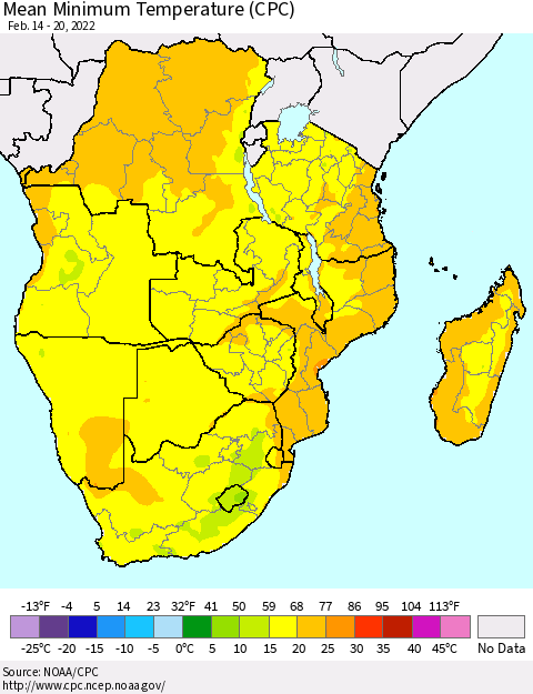 Southern Africa Mean Minimum Temperature (CPC) Thematic Map For 2/14/2022 - 2/20/2022