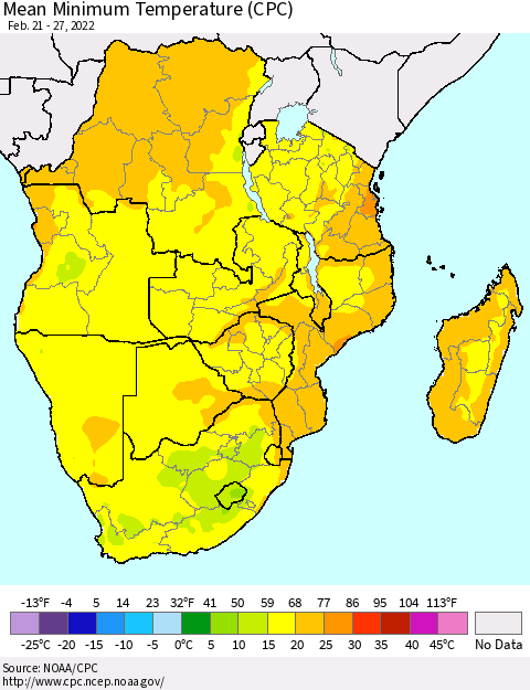 Southern Africa Mean Minimum Temperature (CPC) Thematic Map For 2/21/2022 - 2/27/2022