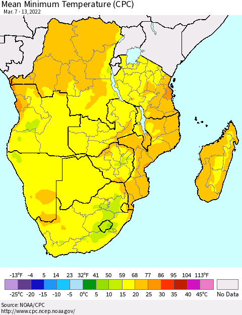 Southern Africa Mean Minimum Temperature (CPC) Thematic Map For 3/7/2022 - 3/13/2022