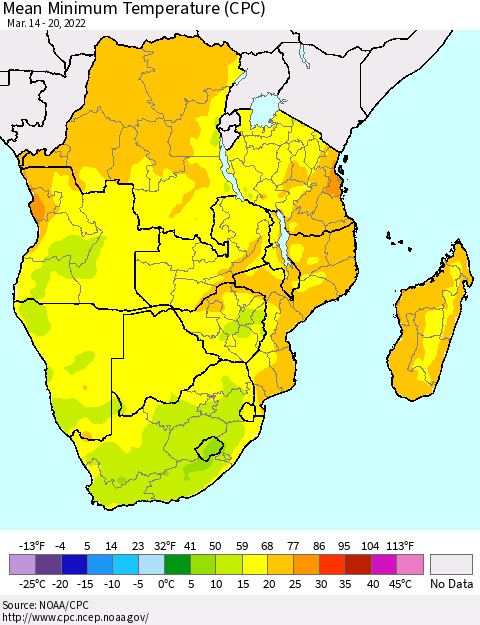 Southern Africa Mean Minimum Temperature (CPC) Thematic Map For 3/14/2022 - 3/20/2022