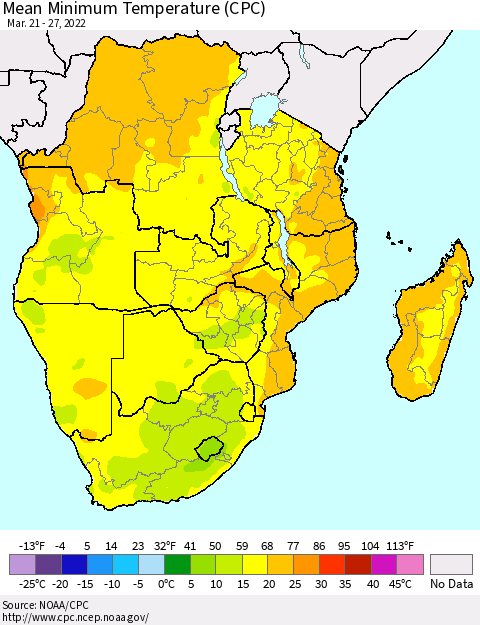 Southern Africa Mean Minimum Temperature (CPC) Thematic Map For 3/21/2022 - 3/27/2022