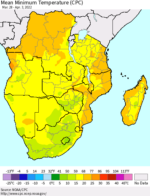 Southern Africa Mean Minimum Temperature (CPC) Thematic Map For 3/28/2022 - 4/3/2022