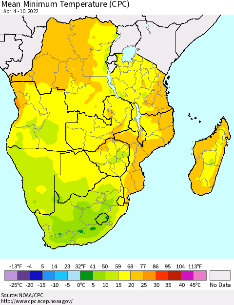 Southern Africa Mean Minimum Temperature (CPC) Thematic Map For 4/4/2022 - 4/10/2022