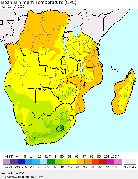 Southern Africa Mean Minimum Temperature (CPC) Thematic Map For 4/11/2022 - 4/17/2022