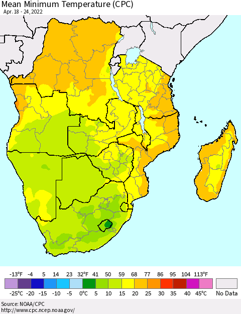 Southern Africa Mean Minimum Temperature (CPC) Thematic Map For 4/18/2022 - 4/24/2022