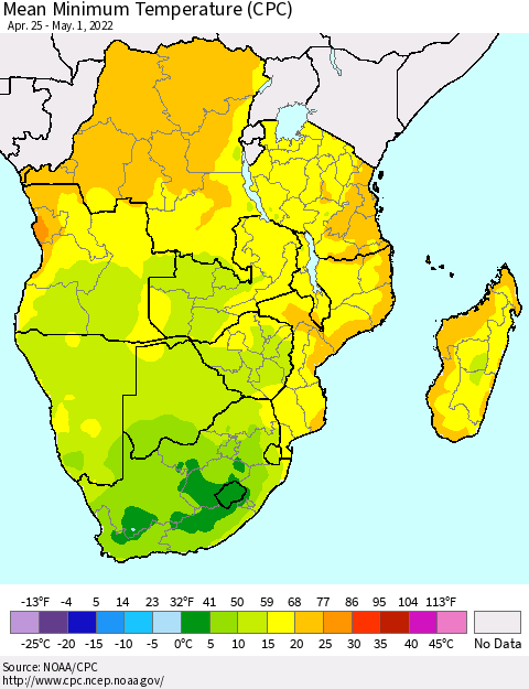 Southern Africa Mean Minimum Temperature (CPC) Thematic Map For 4/25/2022 - 5/1/2022