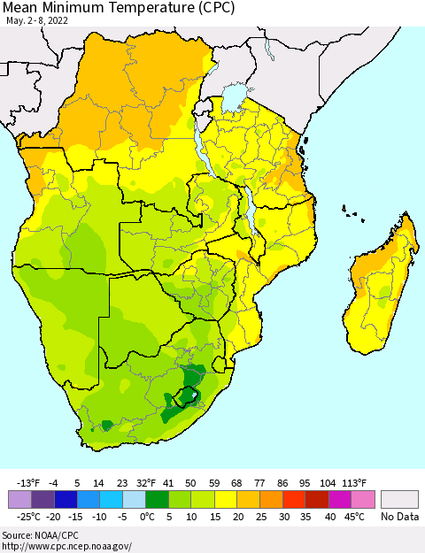 Southern Africa Mean Minimum Temperature (CPC) Thematic Map For 5/2/2022 - 5/8/2022