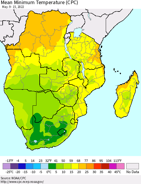 Southern Africa Mean Minimum Temperature (CPC) Thematic Map For 5/9/2022 - 5/15/2022